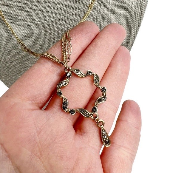 Gold Tone Multi Strand Gray Rhinestone Twisted Dangle Pendant Necklace - Picture 2 of 9